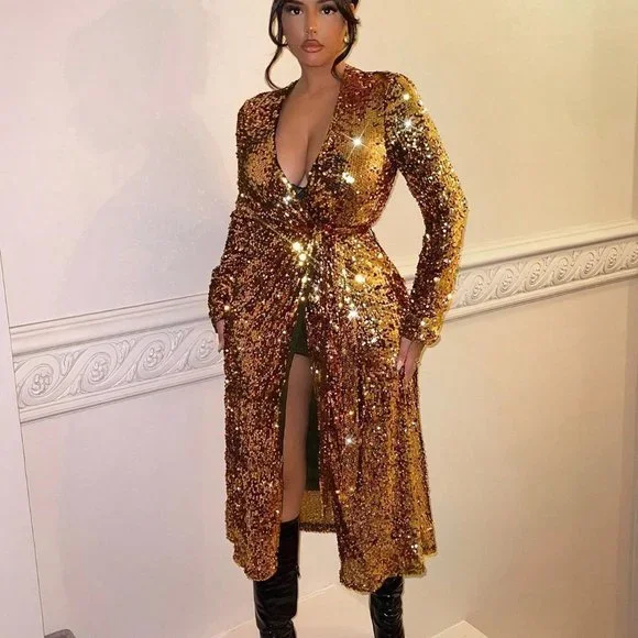 Golden Preppy Womens Plunging Neck Wrap Hem Sequin Coat - Picture 5 of 5